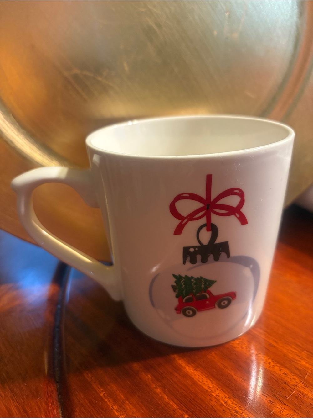 White Holiday Ceramic Mug 14oz with Red Truck and Bow Design